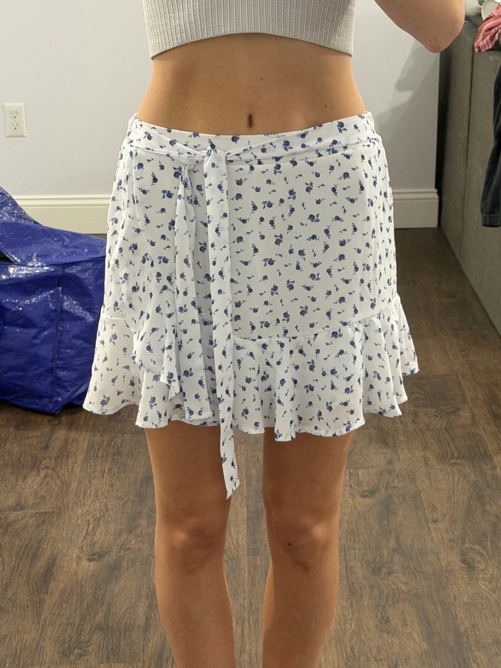Altar'd State White Mini Skirt with Blue Floral Tie